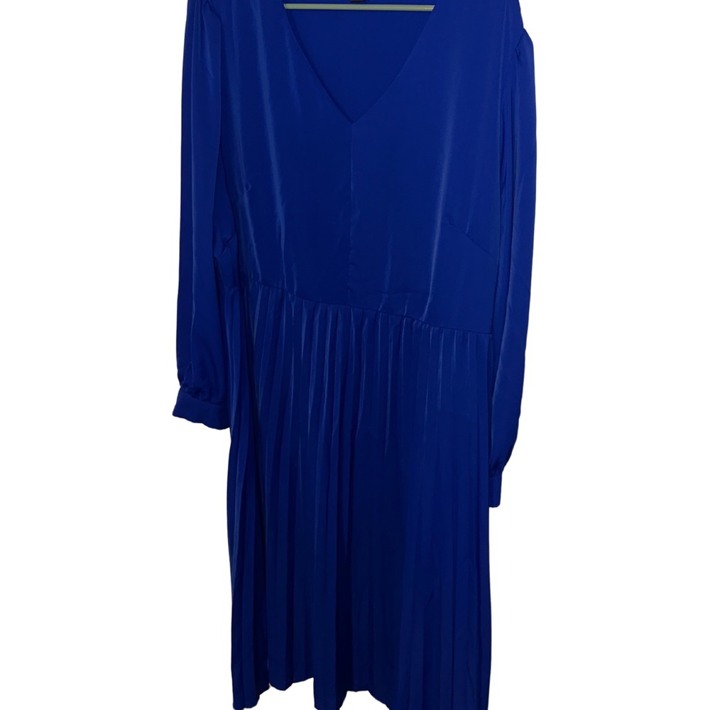 SHEIN Blue Pleated Long Sleeve V-Neck Dress 4XL